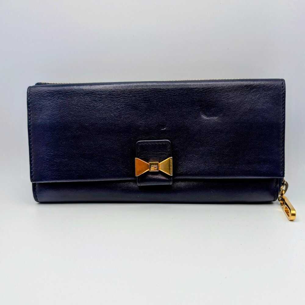 Chloe Navy Lambskin Long Wallet with Gold Bow - Vintage